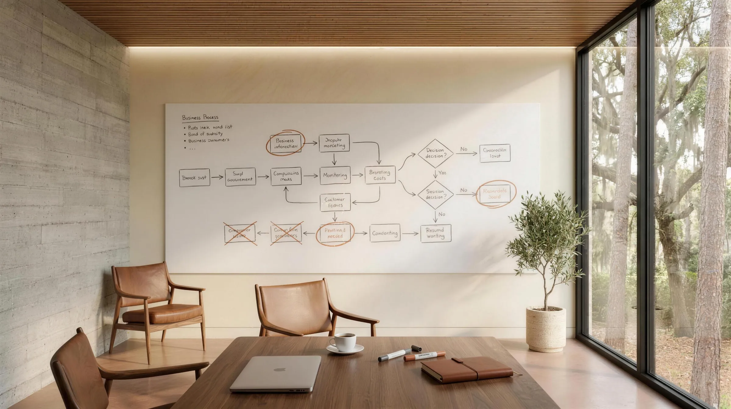 Concept rendering, Maai\u00AE Savannah studio. A conference room whiteboard with a business process diagram drawn on it.